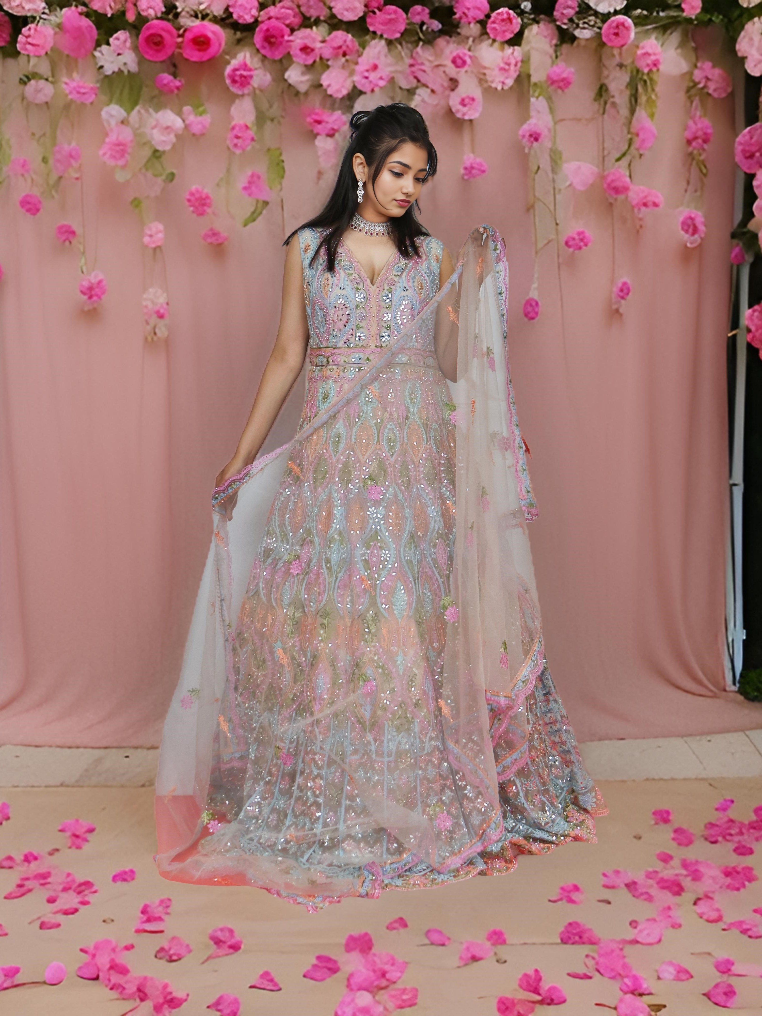 Multi Color Net Fabric Gown with Mirror Work & Embroidery by Shreekama