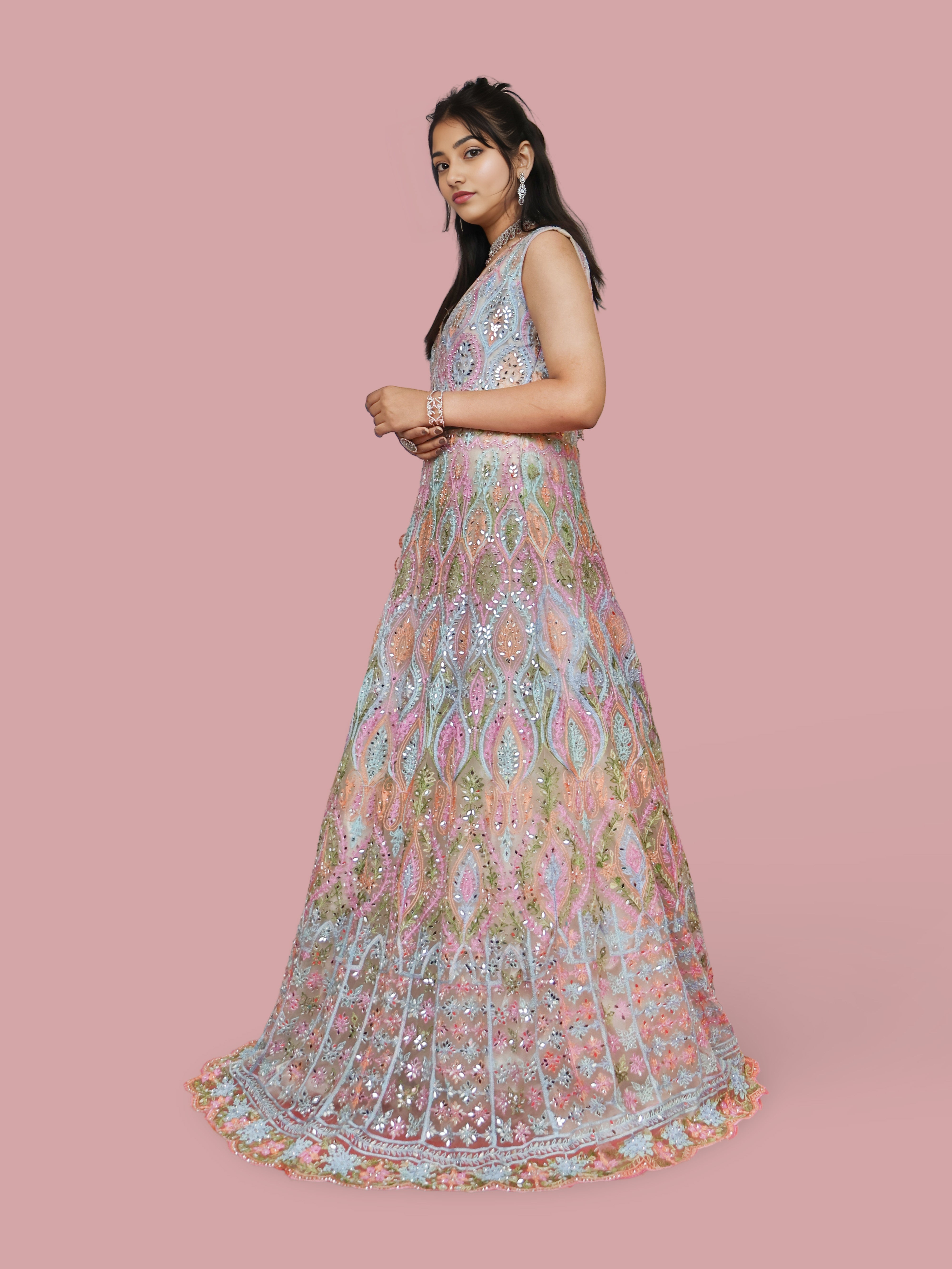 Multi Color Net Fabric Gown with Mirror Work & Embroidery by Shreekama