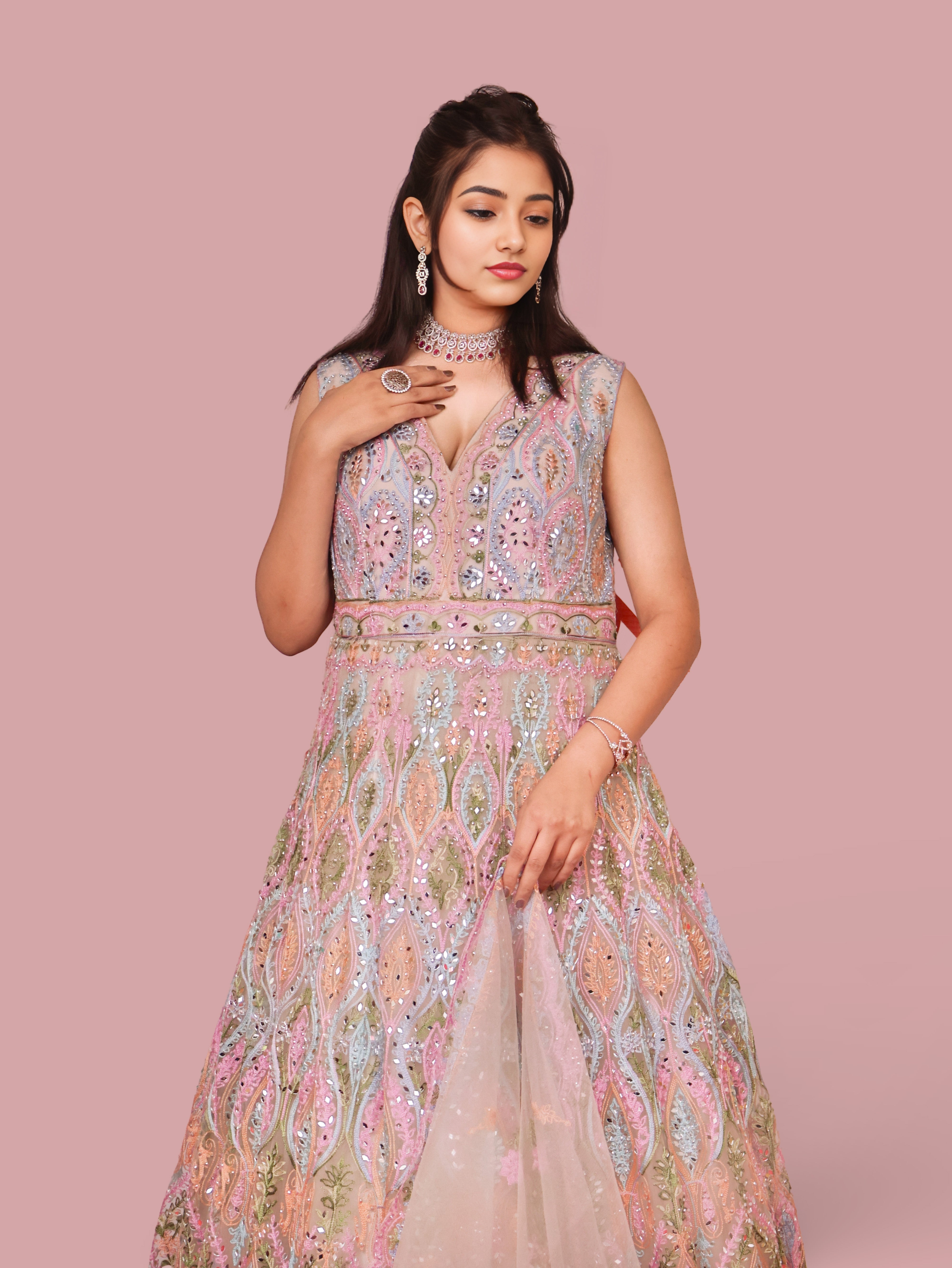 Multi Color Net Fabric Gown with Mirror Work & Embroidery by Shreekama