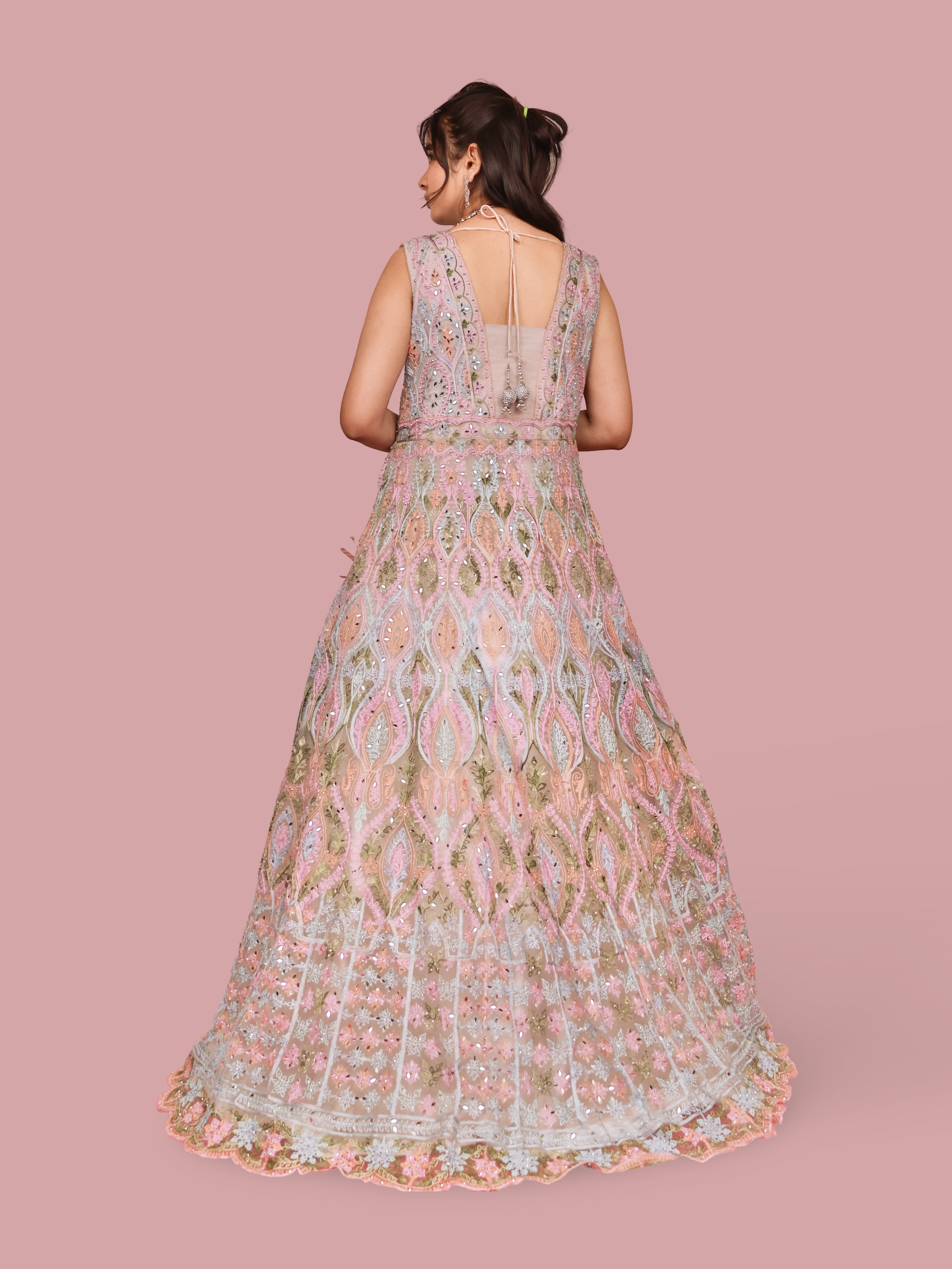 Multi Color Net Fabric Gown with Mirror Work & Embroidery by Shreekama