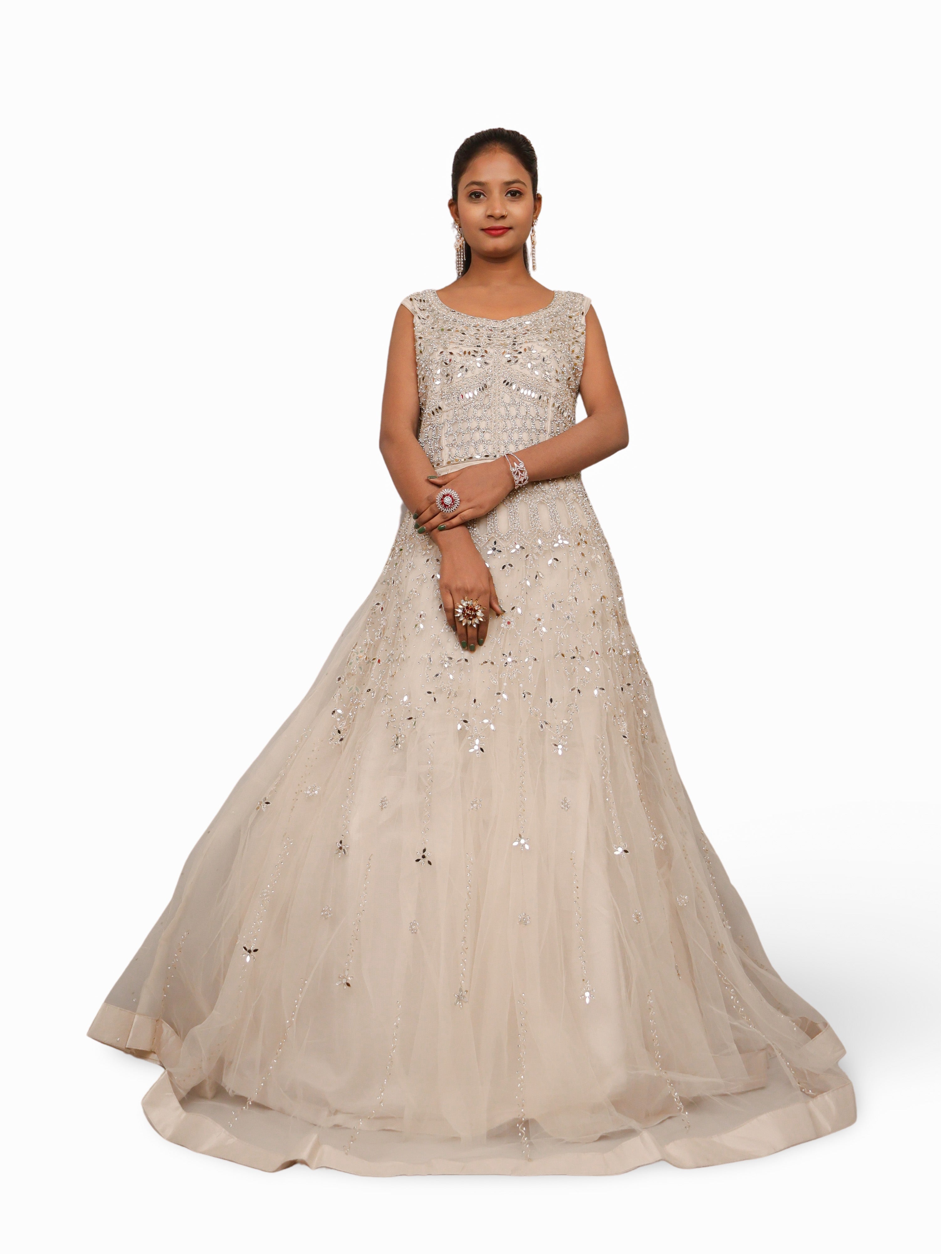 Off White Gown with Mirror & Thread Work by Shreekama