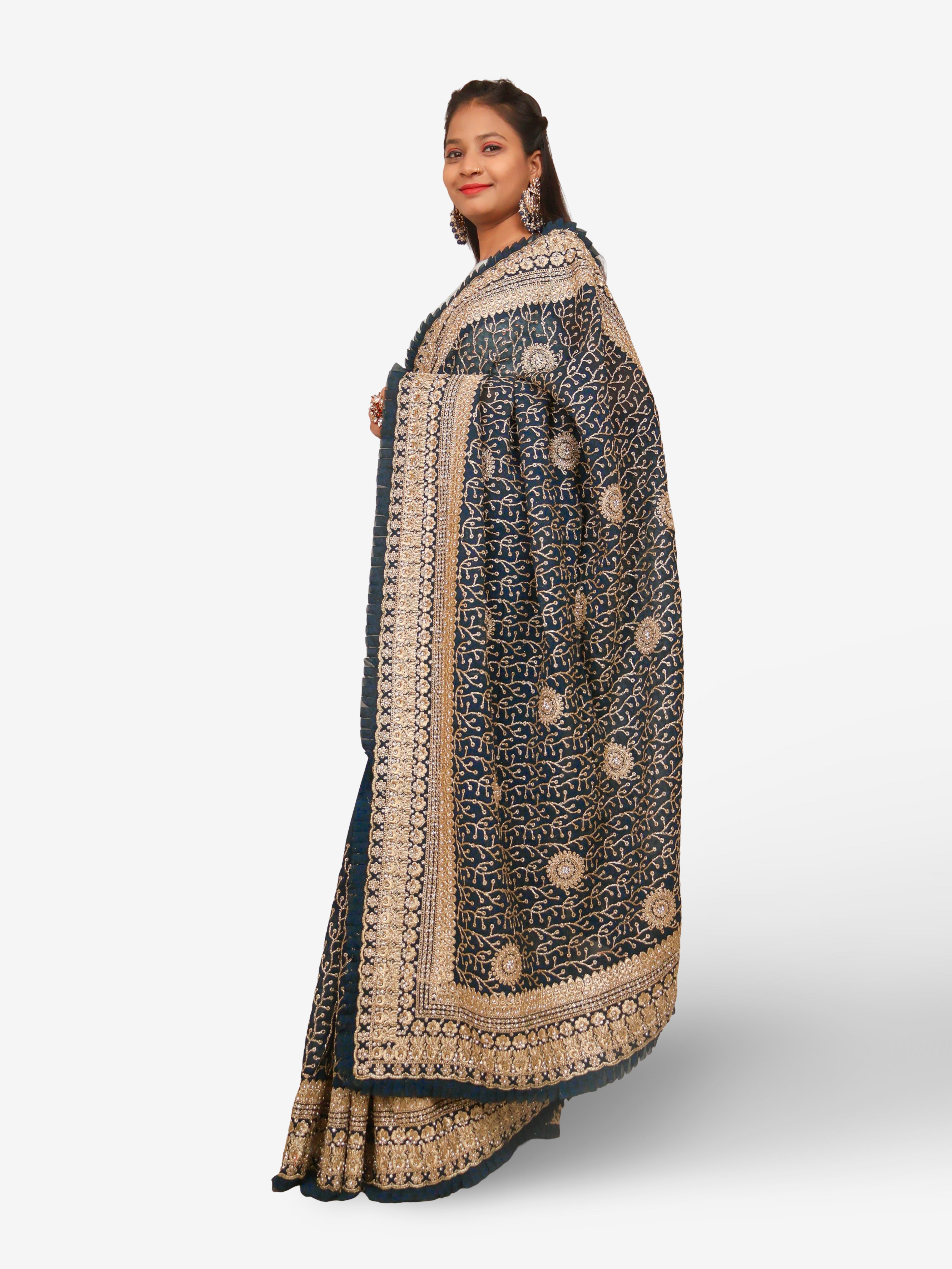 Designer Saree with Stone & Heavy Zari Work Embroidery Work by Shreekama