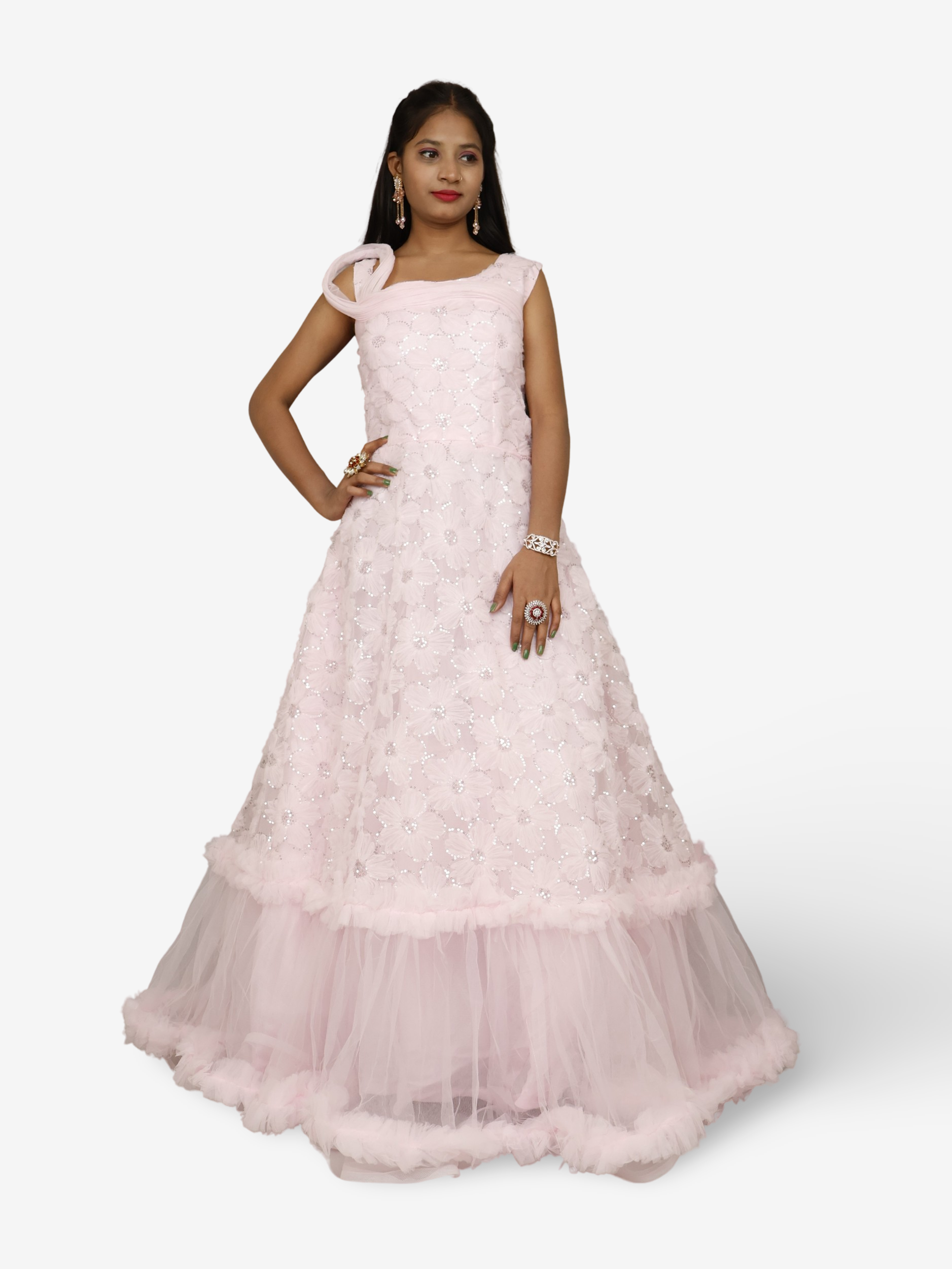 Pink Net Fabric Gown with Sequin Work by Shreekama