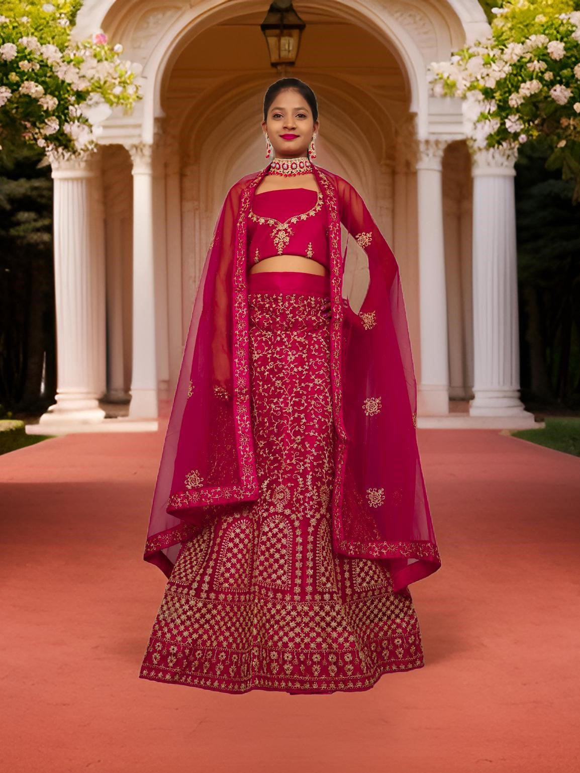 Semi-Stitched Lehenga with Soft Net Fabric & Zari Thread Work by Shreekama