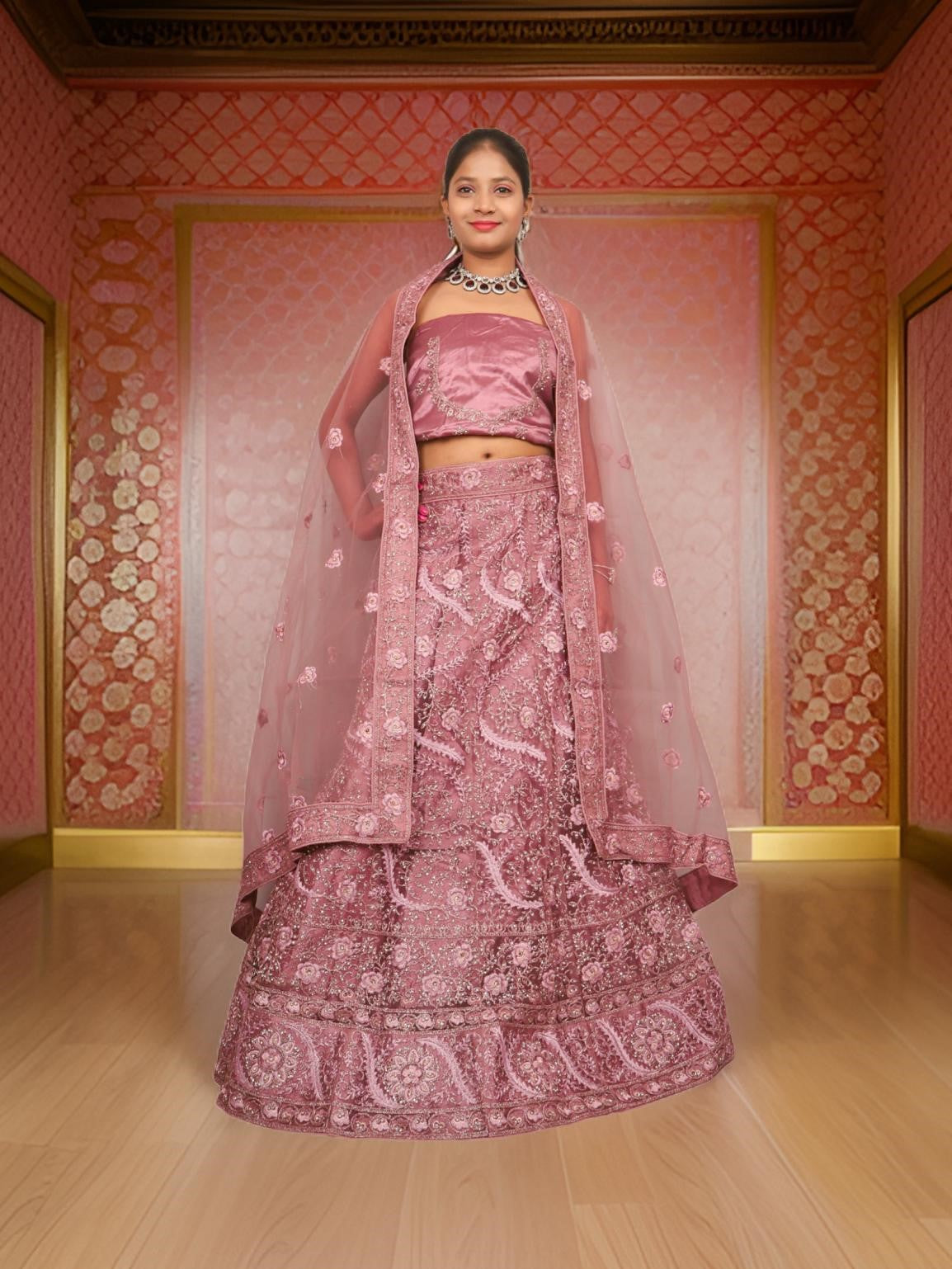 Semi-Stitched Lehenga with American Diamond & Zari Thread Work by Shreekama