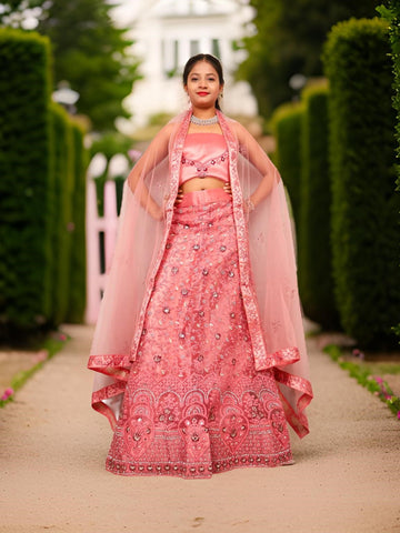 Semi-Stitched Lehenga with Soft Net Fabric & Zari Thread Work by Shreekama