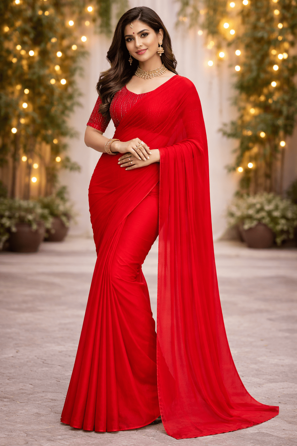 Kumkum Red Crush Tissue Saree with Embroidered Blouse-0