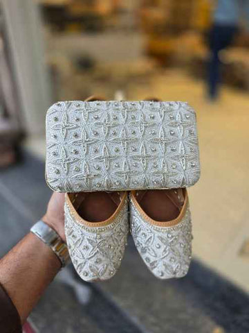 Noorika Ivory Embroidered Clutch & Jutti Set